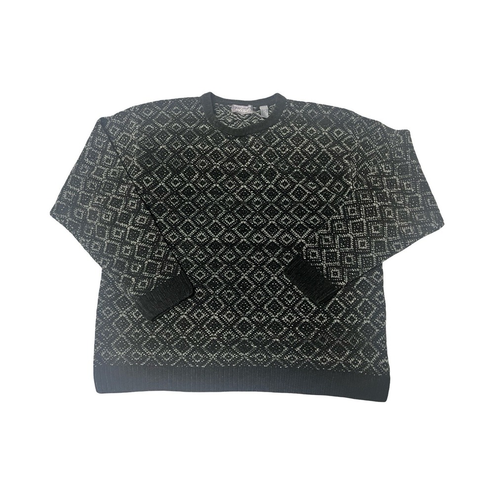 Lord & Taylor Mens XXL Black Grey Geometric Diamond Knit Crewneck Sweater Preppy